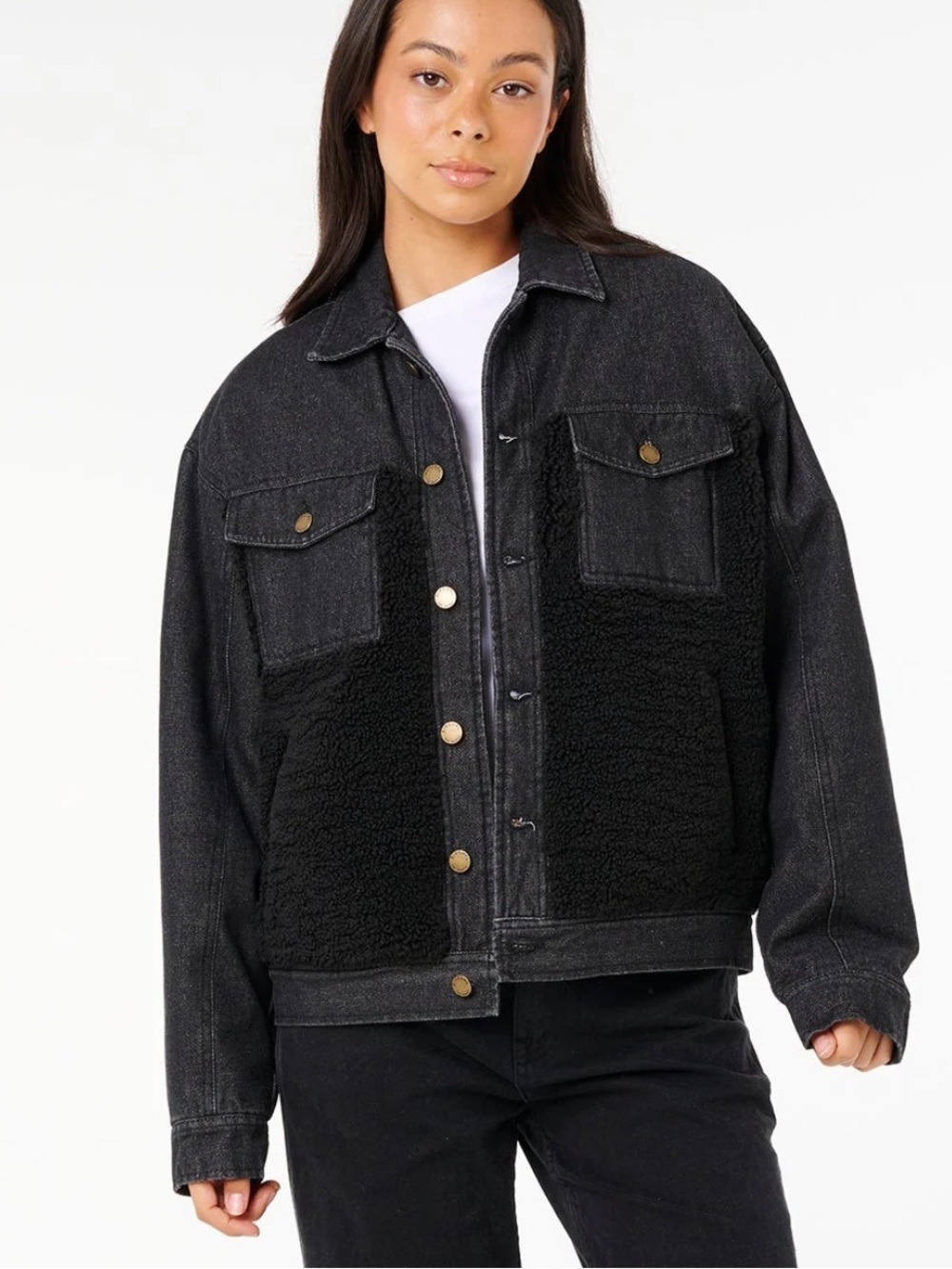 NWT Rip Curl Cruisin’ Sherpa Denim Jacket Black Size Small - Picture 10 of 10